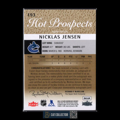 2013-14 Fleer Showcase NICKLAS JENSEN #193 Hot prospects RC /375 Auto Patch