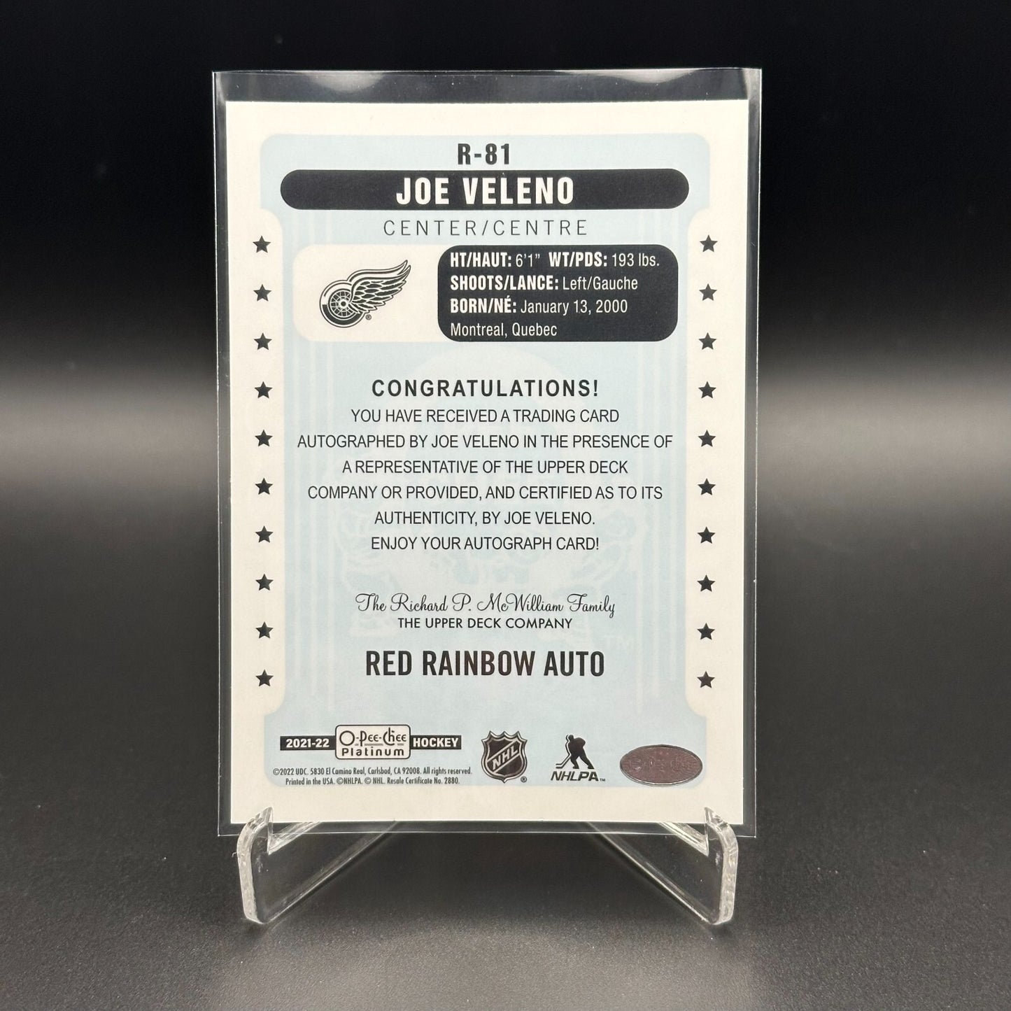 2021-22 O-Pee-Chee Platinum JOE VELENO #R-81 Retro Rainbow Red Rookie RC