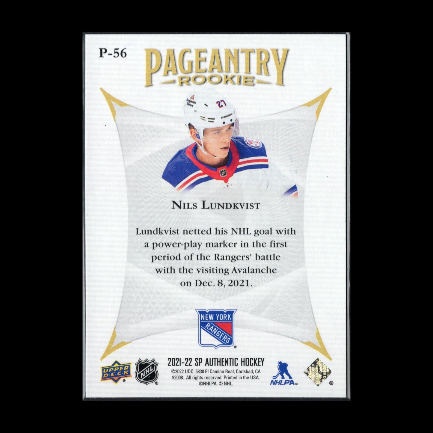 2021-22 UD SP Authentic NILS LUNDKVIST #P-56 Pageantry Rookie - New York Rangers