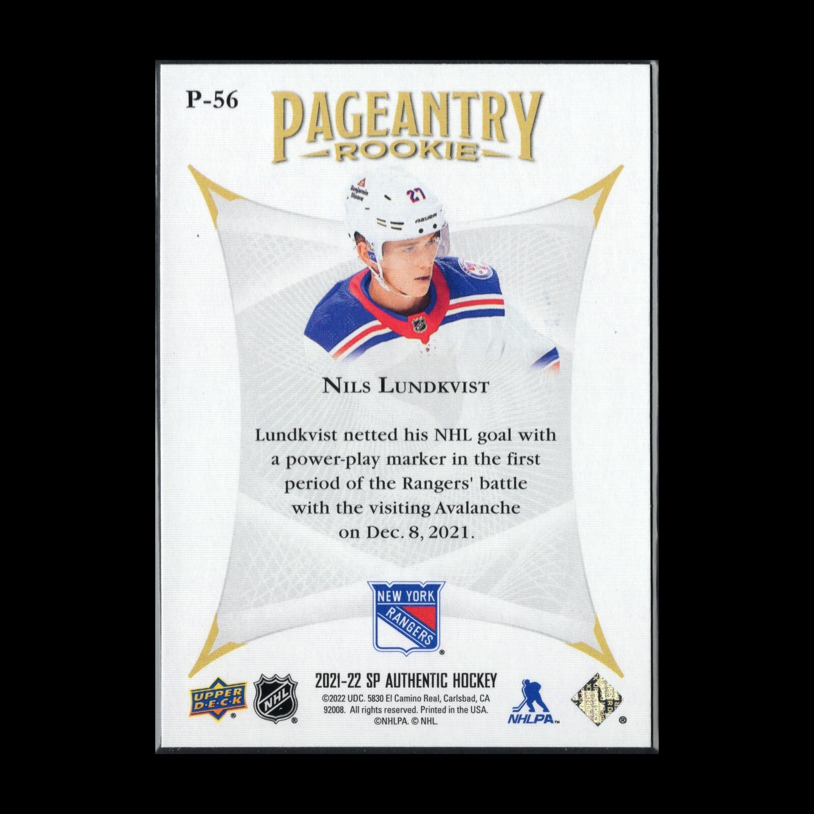2021-22 UD SP Authentic NILS LUNDKVIST #P-56 Pageantry Rookie - New York Rangers