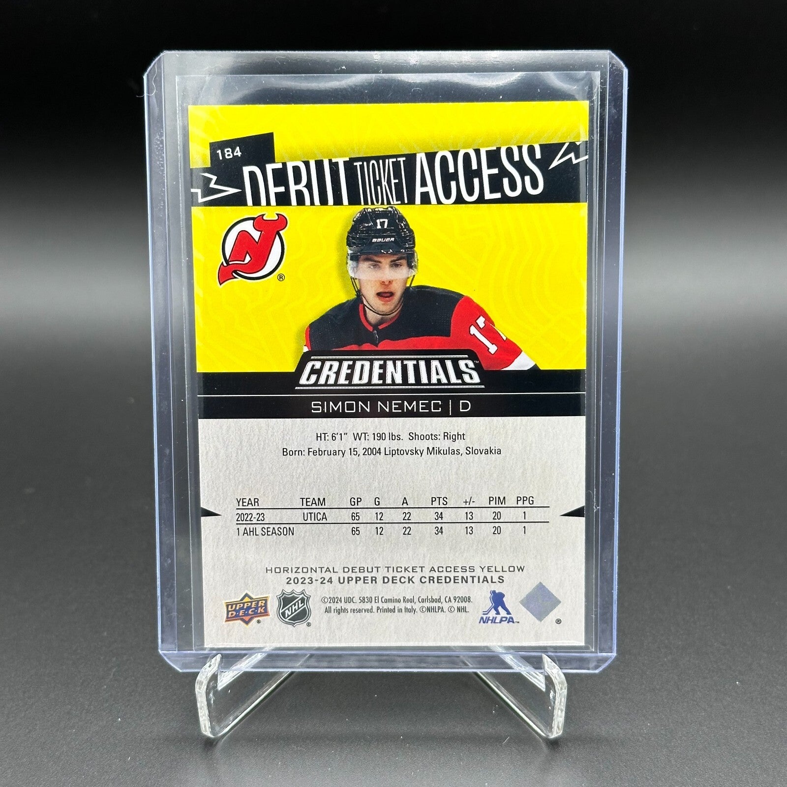 2023-24 UD Credentials SIMON NEMEC #184 Debut Ticket Access Yellow Rookie RC