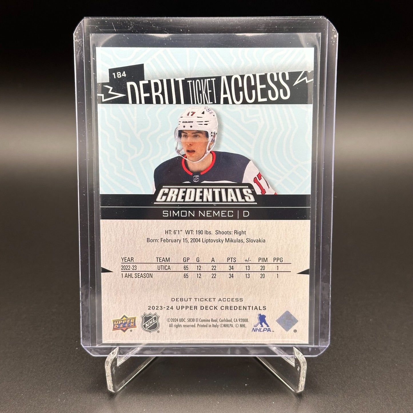 2023-24 UD Credentials SIMON NEMEC #184 Debut Ticket Access RC 136/599