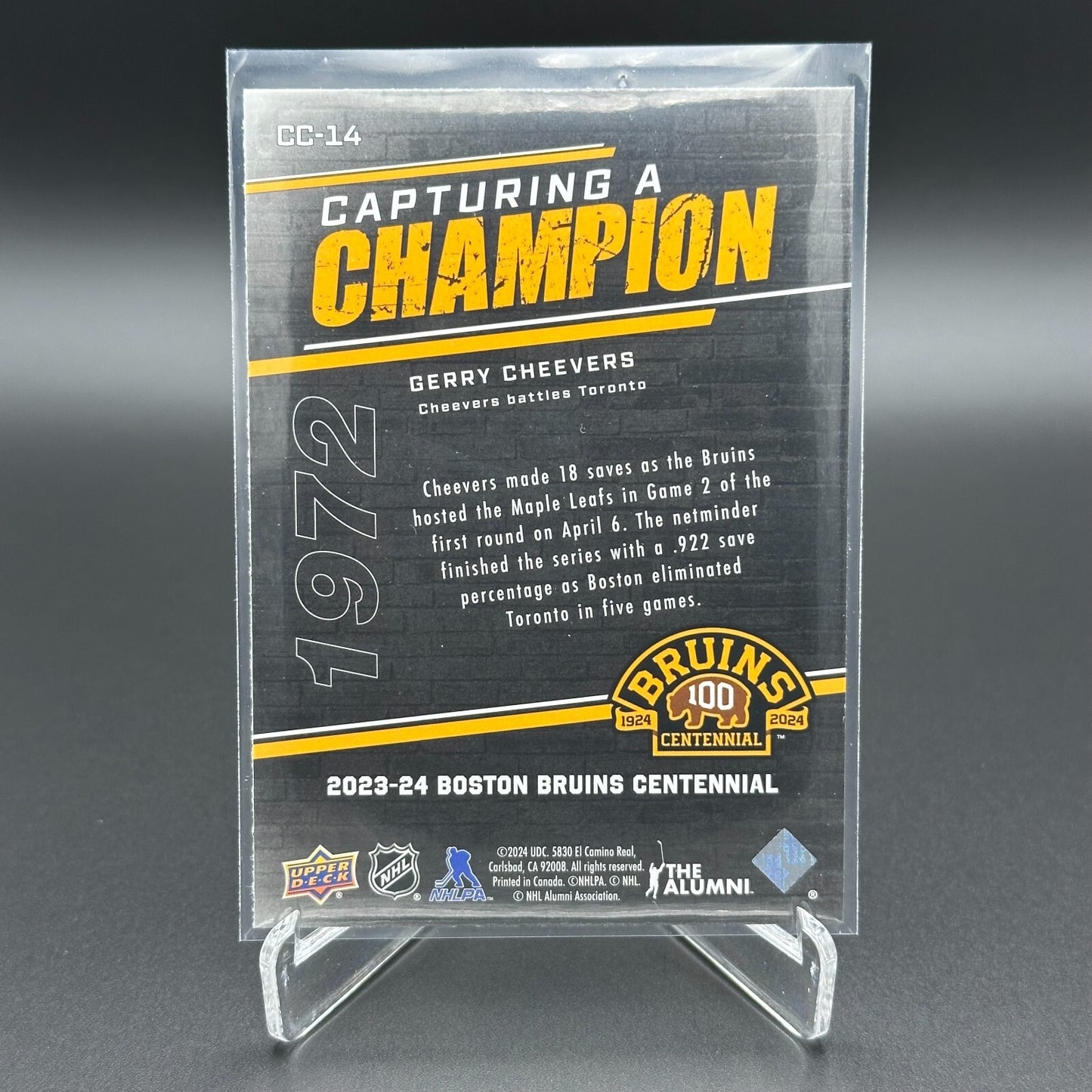 2023-24 UD Boston Bruins Centennial GERRY CHEEVERS #CC-14 Capturing A Champion