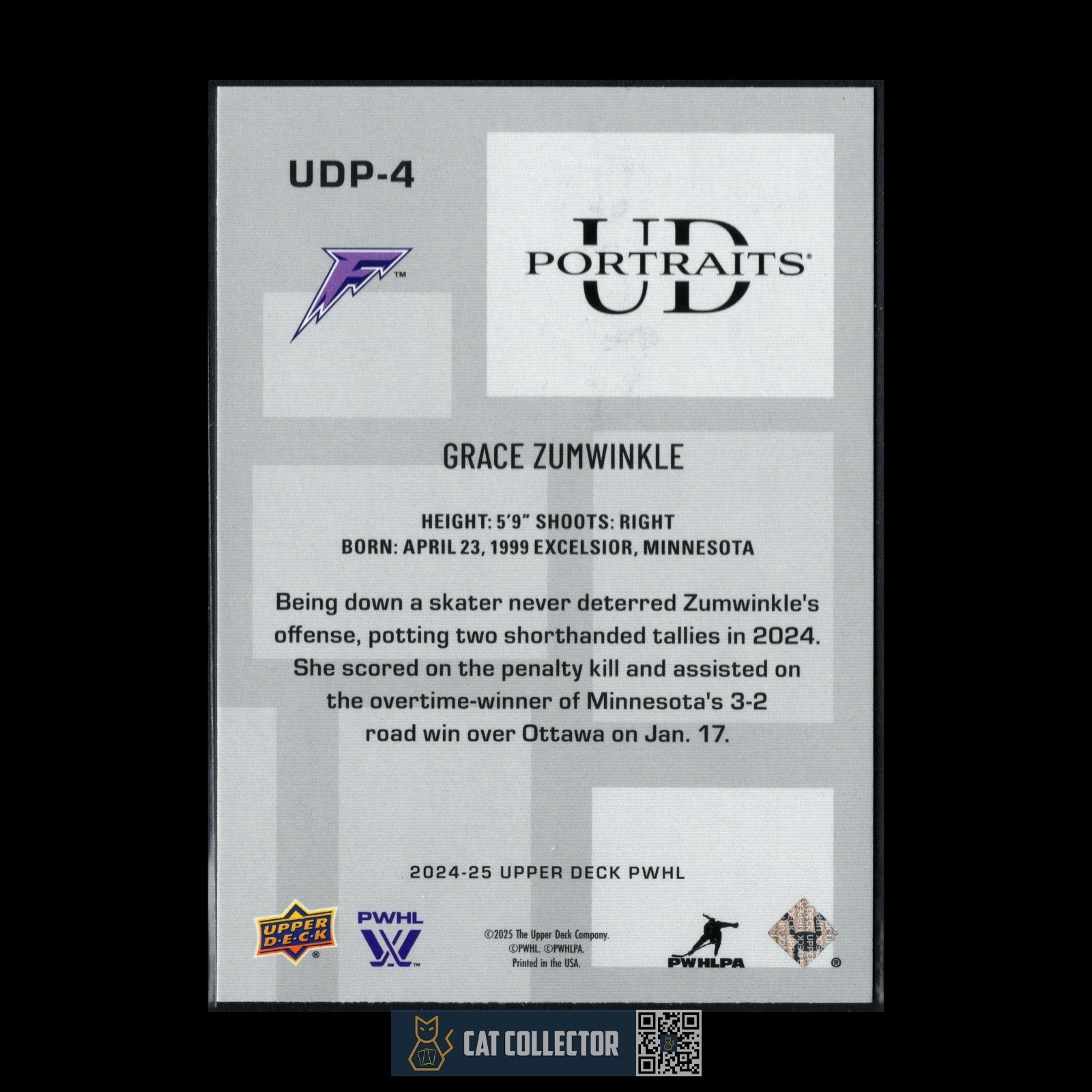 2024-25 Upper Deck PWHL GRACE ZUMWINKLE #UDP-4 UD Portraits - Minnesota Frost