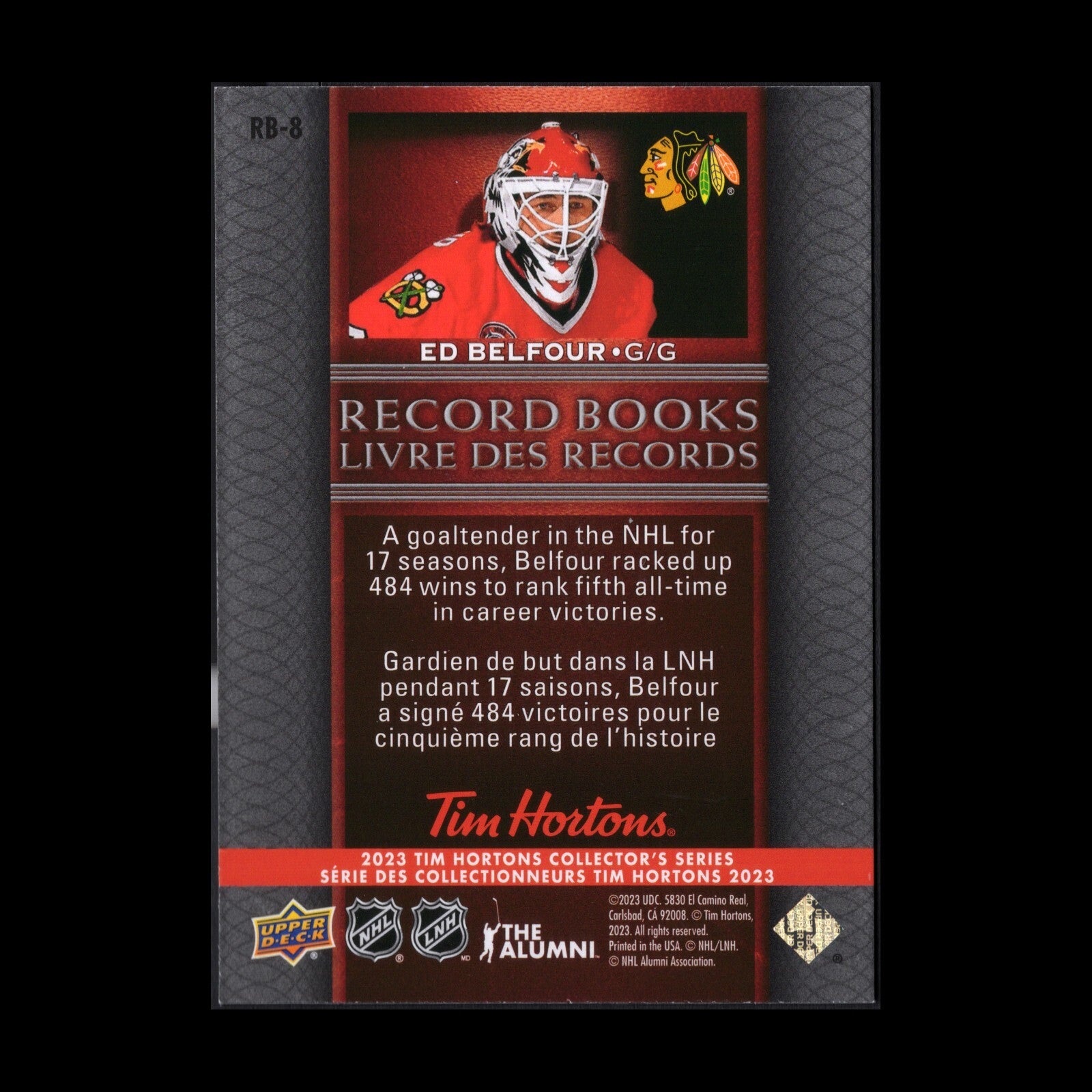 2023 UD Tim Hortons ED BELFOUR #RB-8 Record Books - Chicago Blackhawks