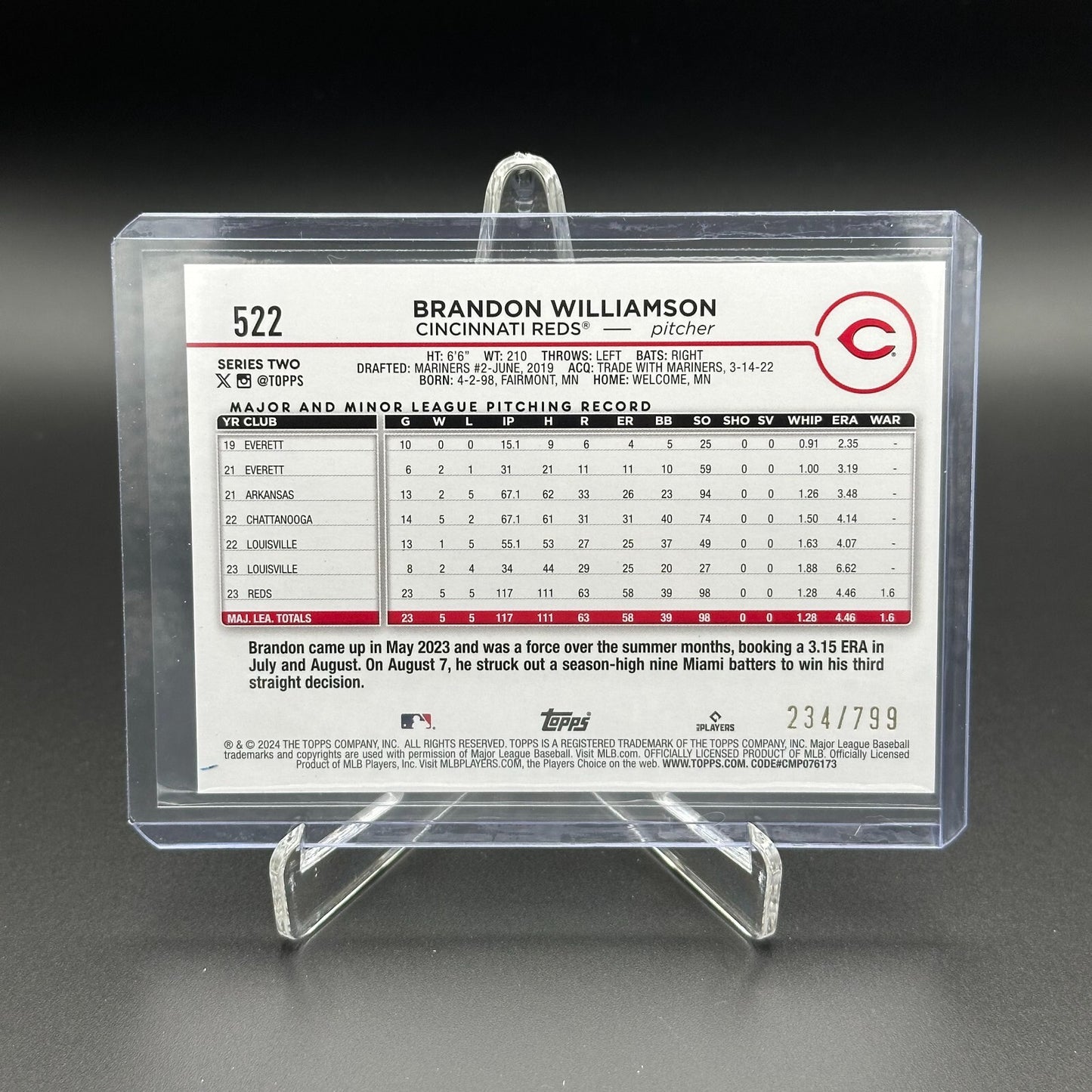2024 Topps Series 2 BRANDON WILLIAMSON #522 Purple foil  /799 - Cincinnati Reds