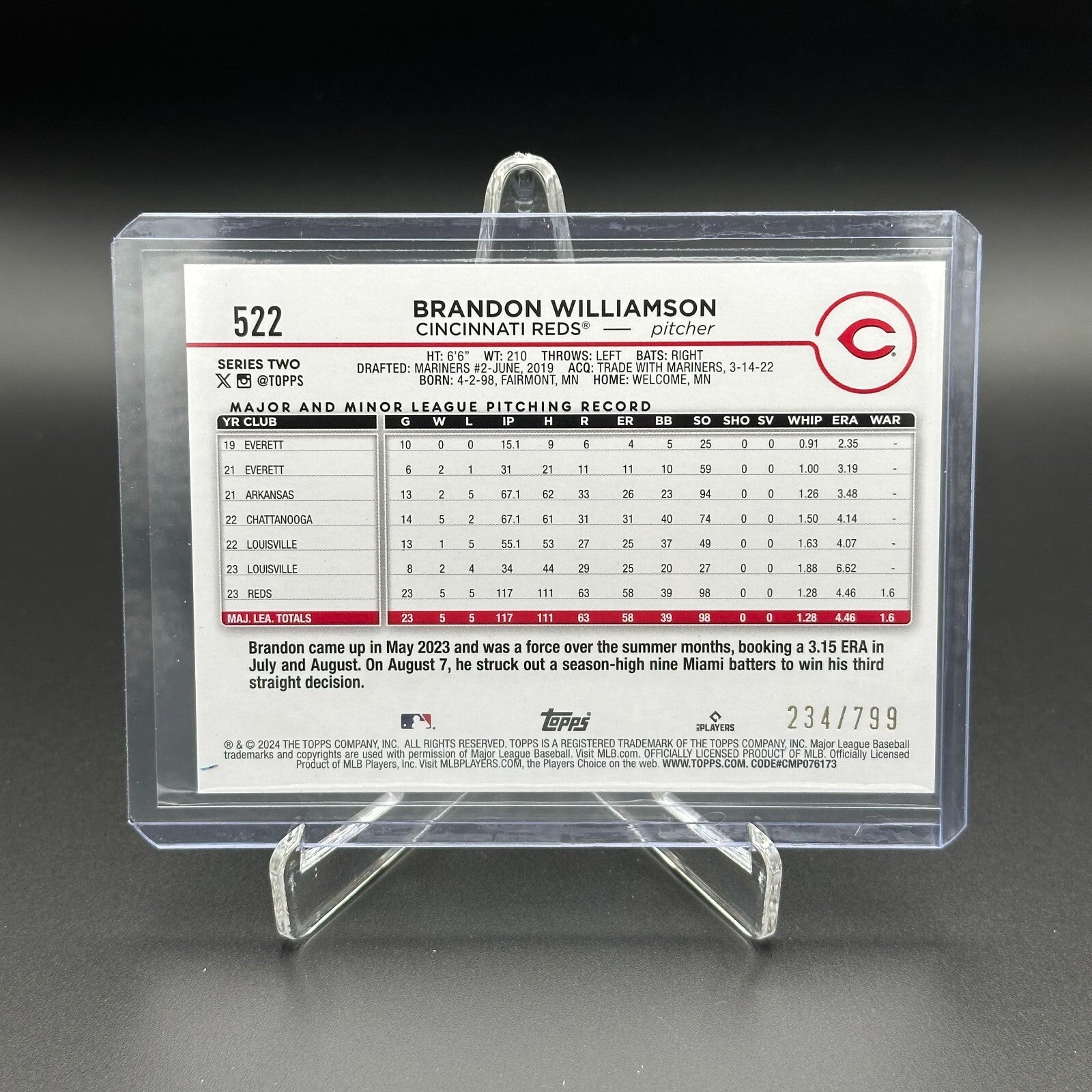 2024 Topps Series 2 BRANDON WILLIAMSON #522 Purple foil  /799 - Cincinnati Reds