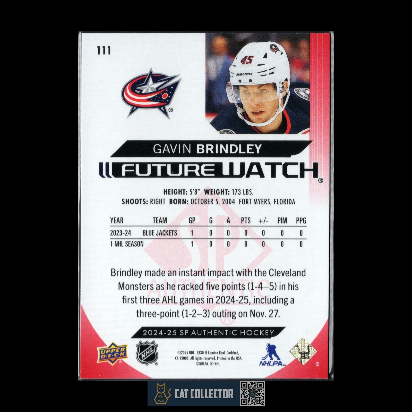 2024-25 UD SP Authentic GAVIN BRINDLEY #111 Future Watch Limited Red RC