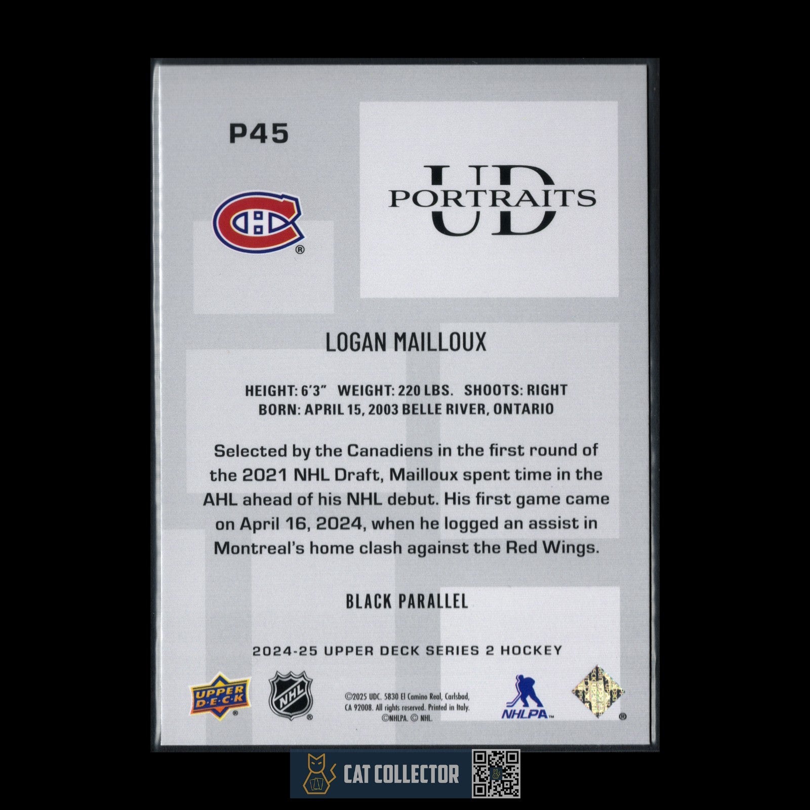 2024-25 UD Series 2 LOGAN MAILLOUX #P45 UD Portraits Black parallel Rookie RC