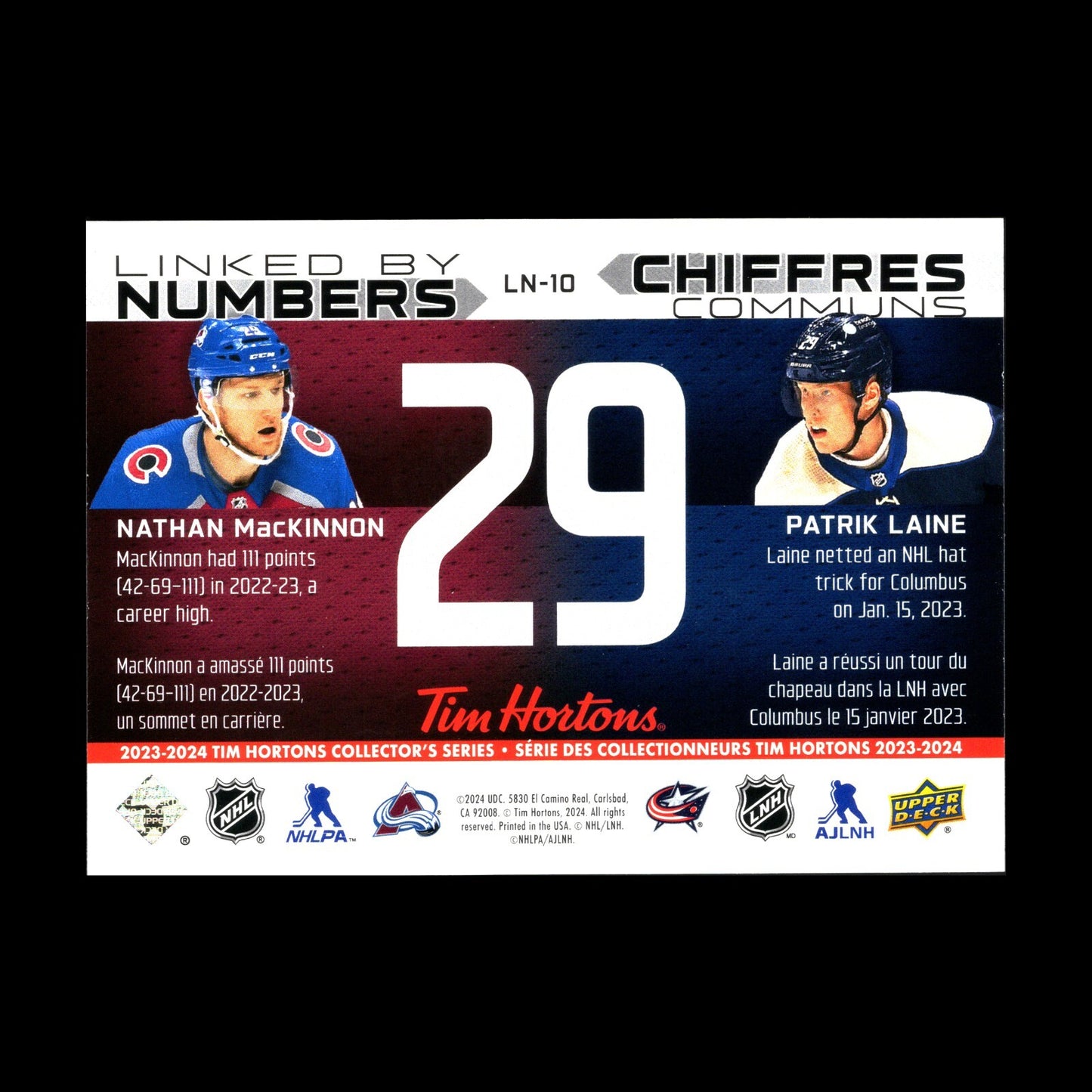 2023-24 UD Tim Hortons NATHAN MacKINNON & PATRIK LAINE #LN-10 Linked By Numbers