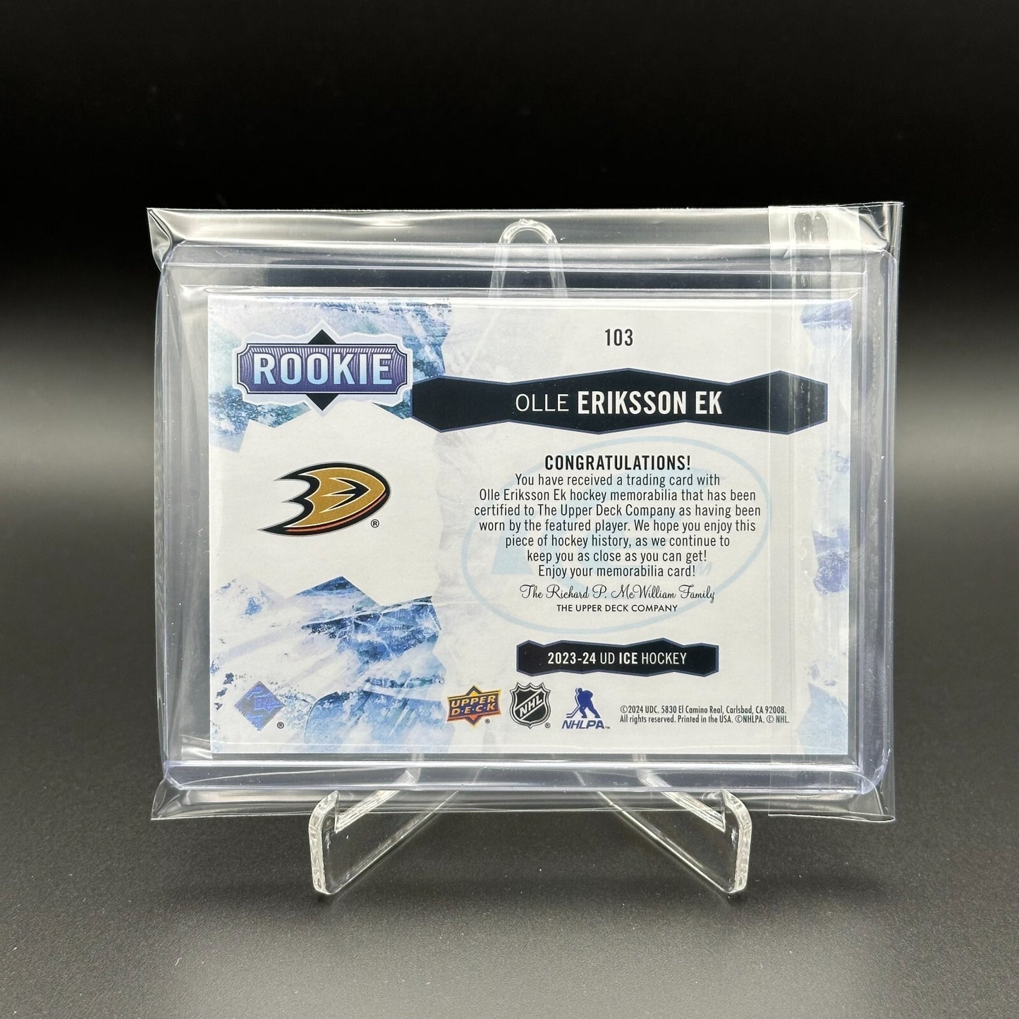 2023-24 UD Ice OLLE ERIKSSON EK #103 Rookie Jersey - Anaheim Ducks