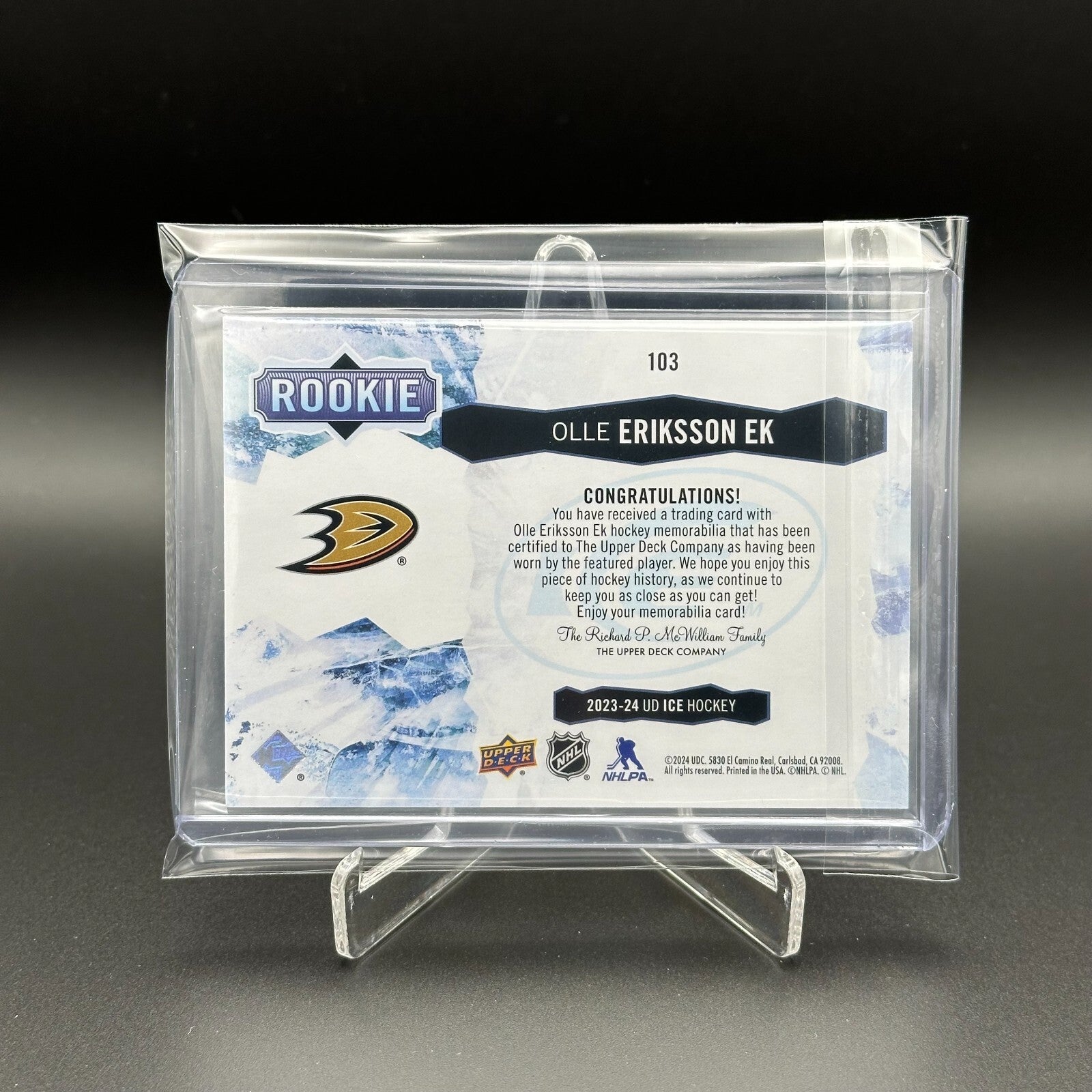 2023-24 UD Ice OLLE ERIKSSON EK #103 Rookie Jersey - Anaheim Ducks