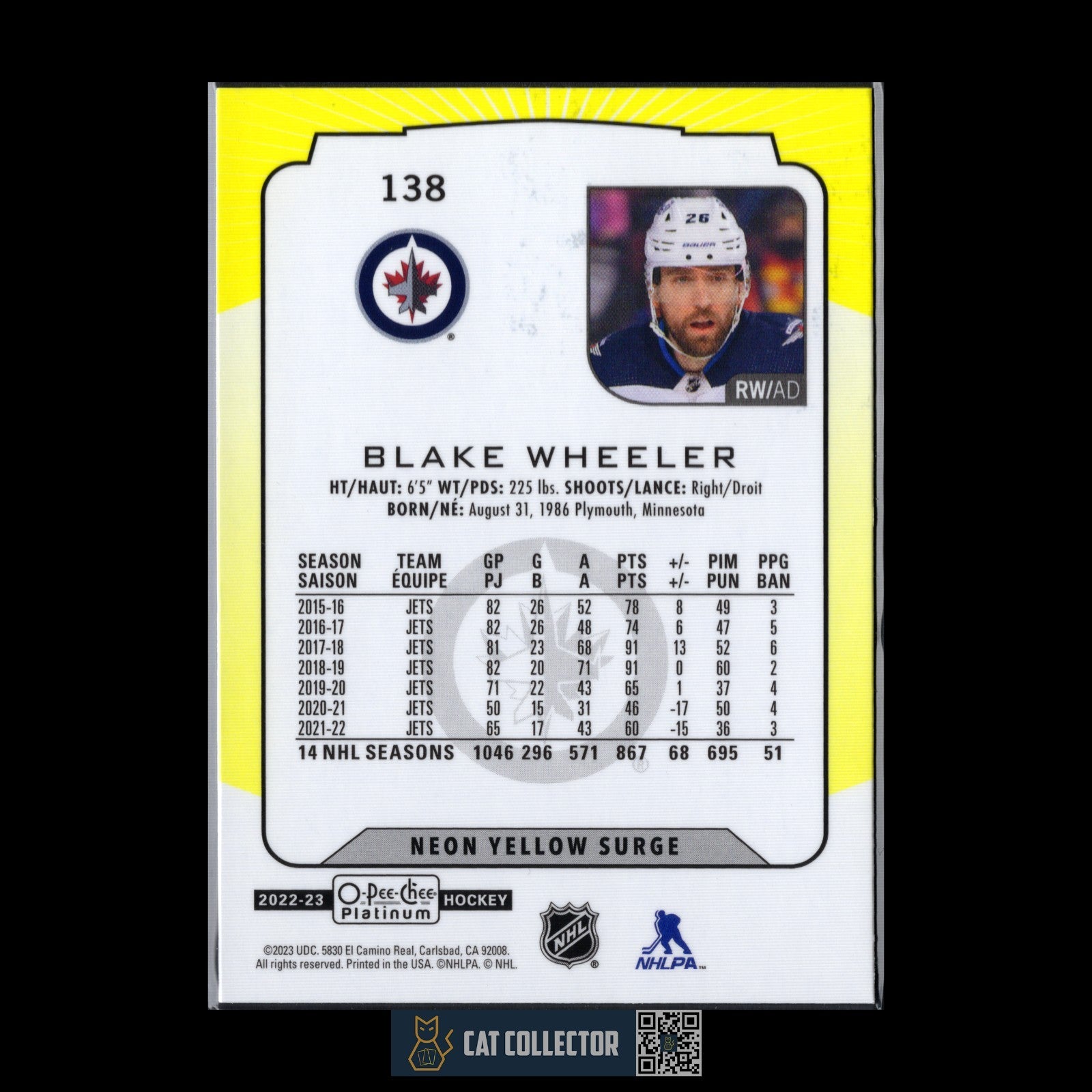 2022-23 O-Pee-Chee Platinum BLAKE WHEELER #138 Neon Yellow Surge