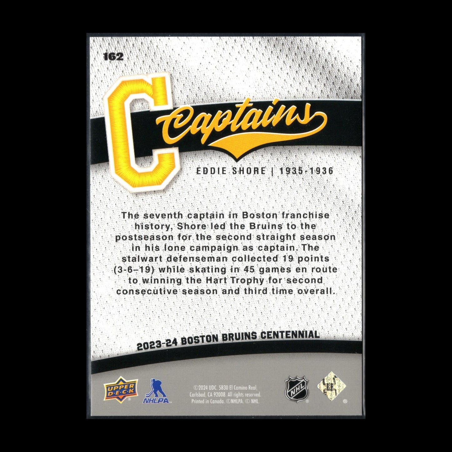 2023-24 UD Boston Bruins Centennial EDDIE SHORE #162 Captains