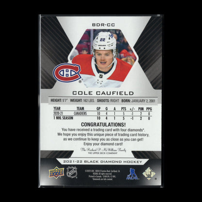 2021-22 Black Diamond COLE CAUFIELD #BDR-CC Diamond Relic Rookie Gems Quad 13/99