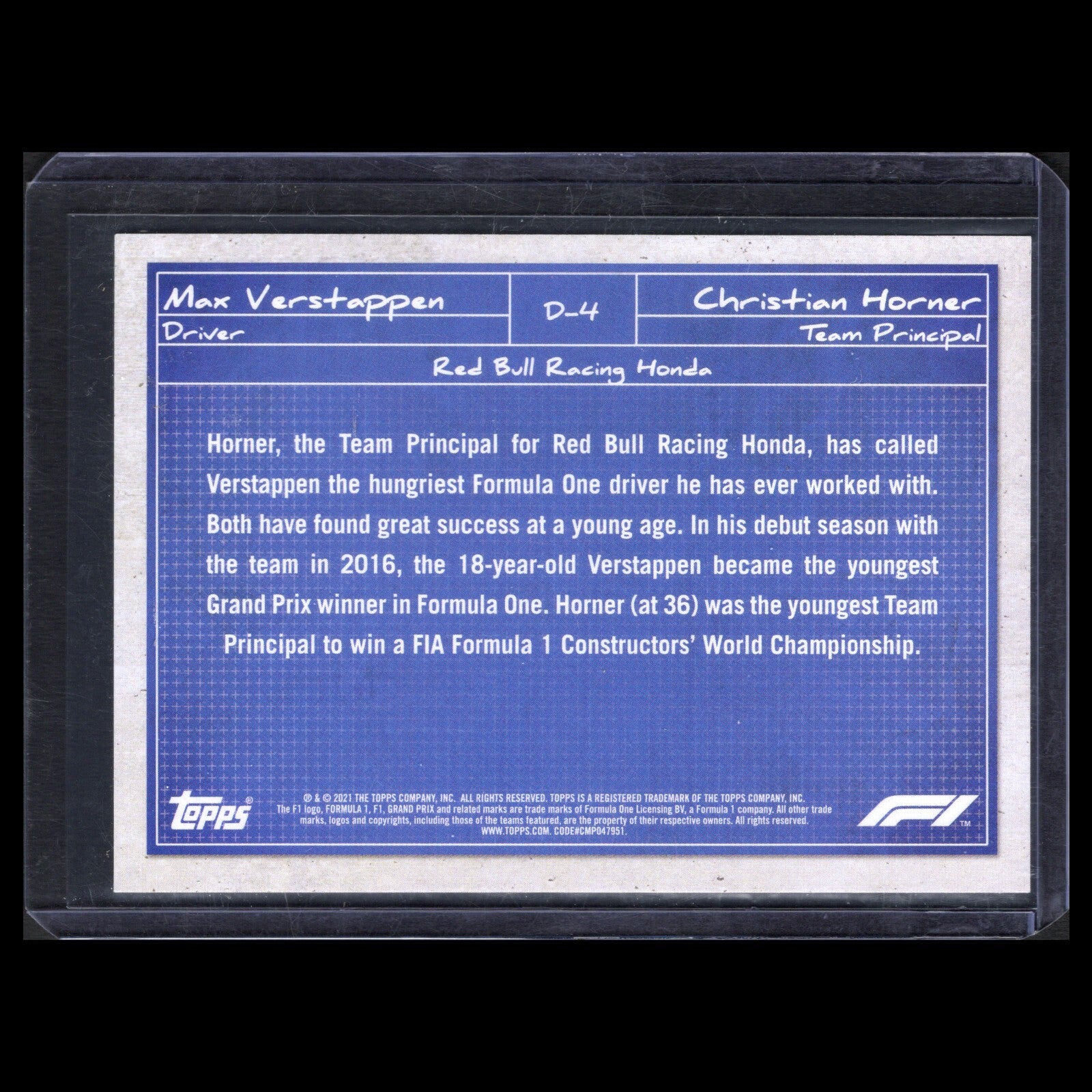 2021 Topps Formula 1 MAX VERSTAPPEN & CHRISTIAN HORNER #D-4 Debrief Red Bull