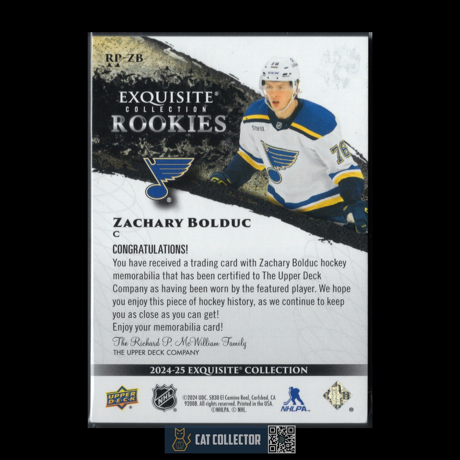 2024-25 UD Exquisite Collection ZACHARY BOLDUC #RP-ZB Rookies Patch RC /99 Patch