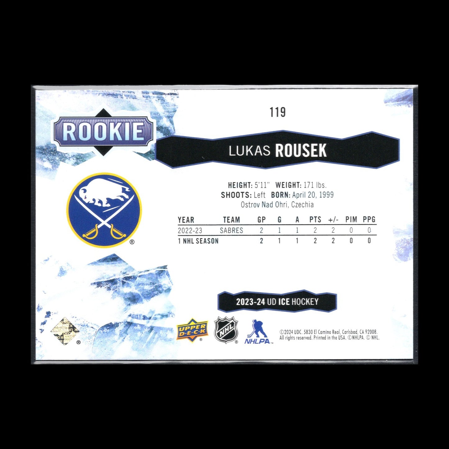 2023-24 UD Ice LUKAS ROUSEK #119 Purple Rookie RC - Buffalo Sabres
