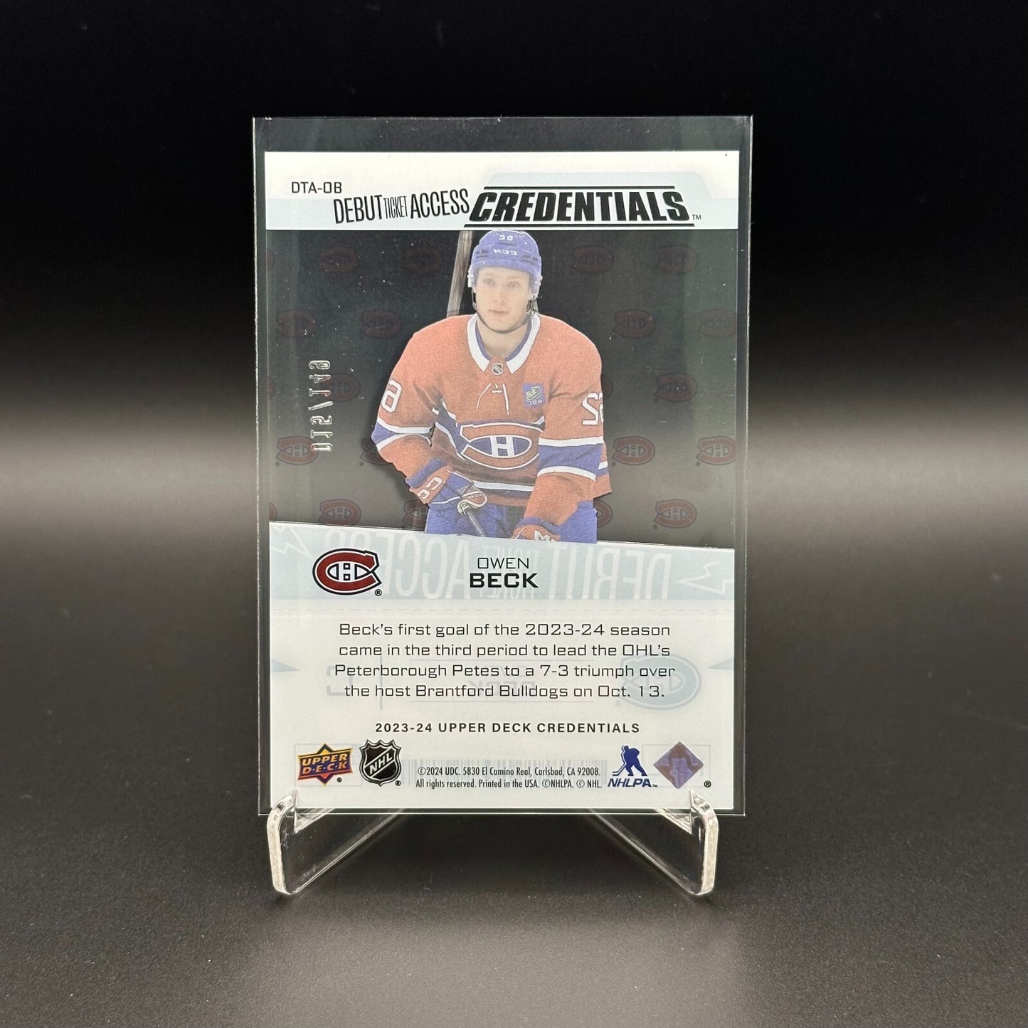 2023-24 UD Credentials OWEN BECK #DTA-OB Debut Ticket Access /149 Rookie RC