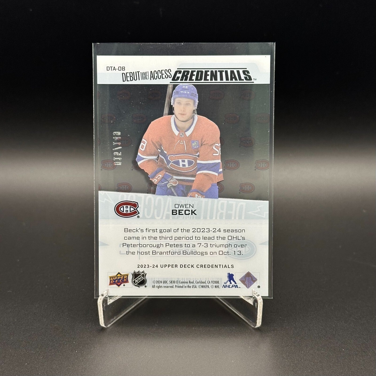 2023-24 UD Credentials OWEN BECK #DTA-OB Debut Ticket Access /149 Rookie RC