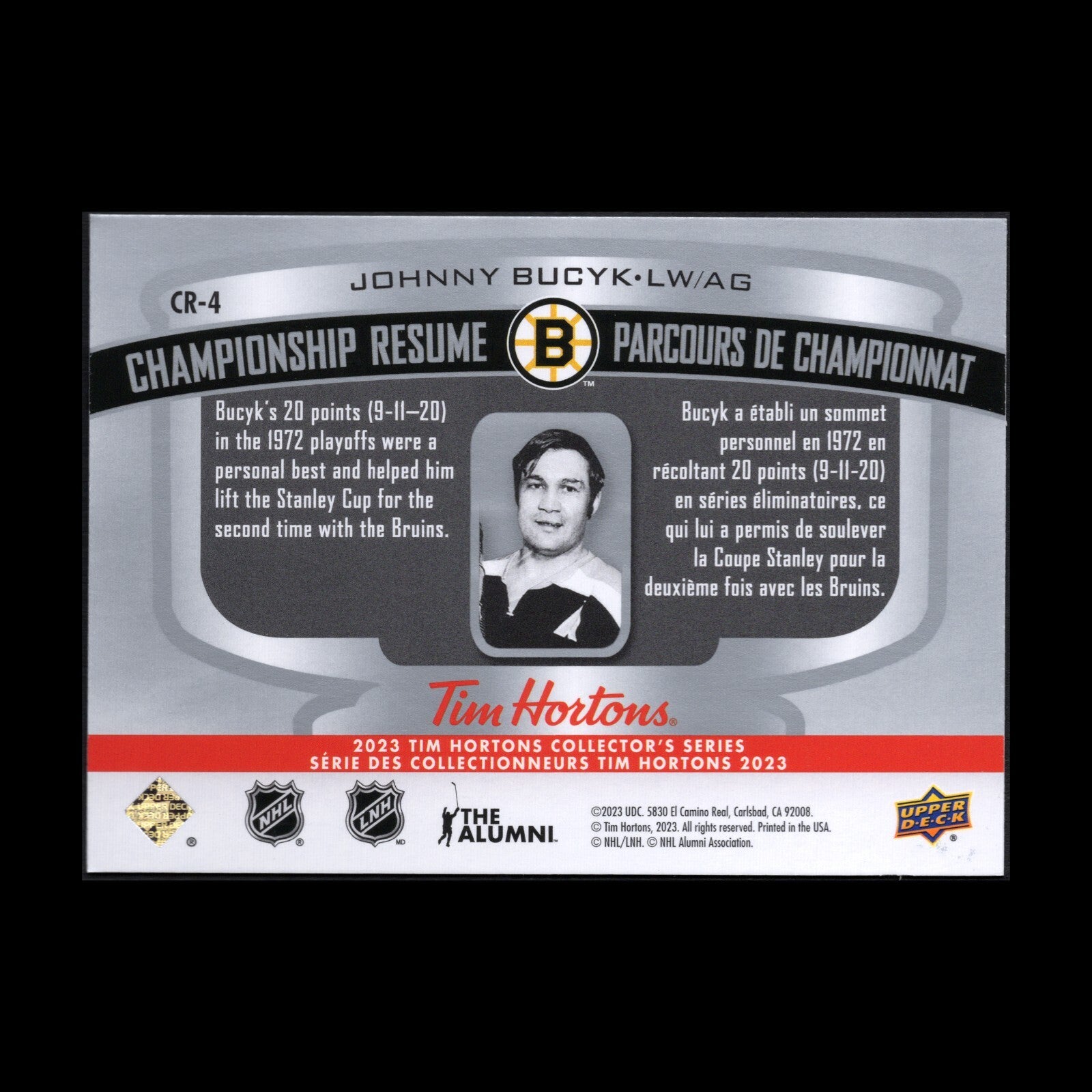 2023 UD Tim Hortons JOHNNY BUCYK #CR-4 Championship Resume - Boston Bruins