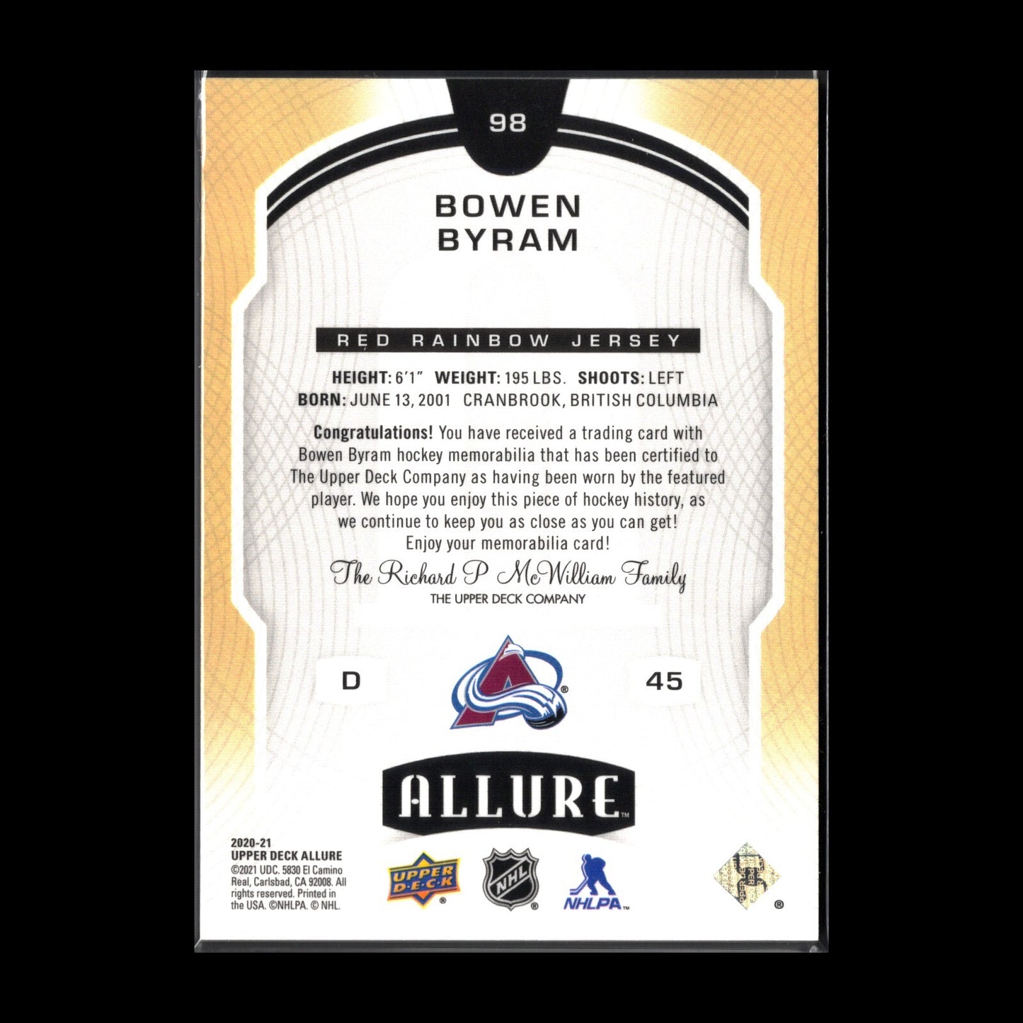 2020-21 UD Allure BOWEN BYRAM #98 Red Rainbow Jersey Rookie RC