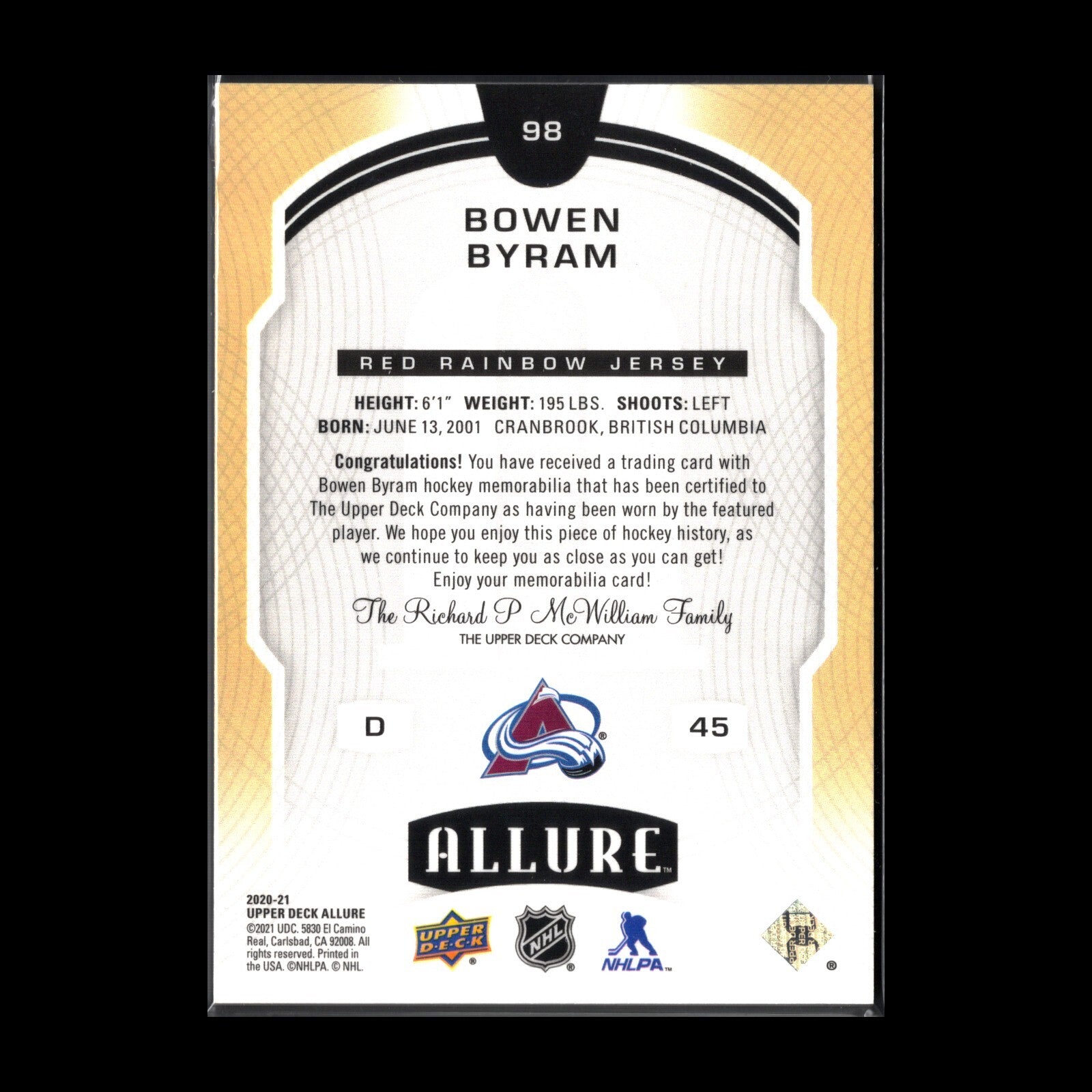 2020-21 UD Allure BOWEN BYRAM #98 Red Rainbow Jersey Rookie RC