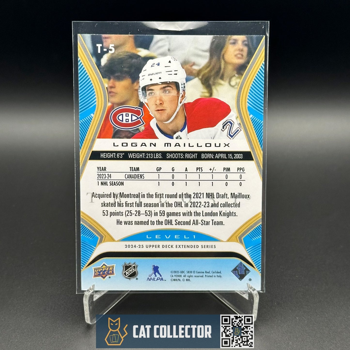 2024-25 UD Extended series LOGAN MAILLOUX #T-5 Trilogy Rookie premieres Level 1
