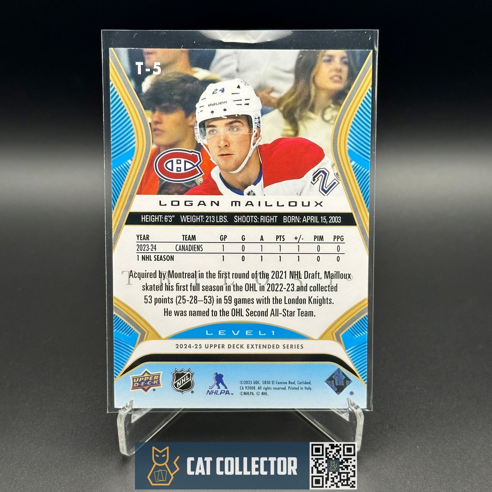 2024-25 UD Extended series LOGAN MAILLOUX #T-5 Trilogy Rookie premieres Level 1