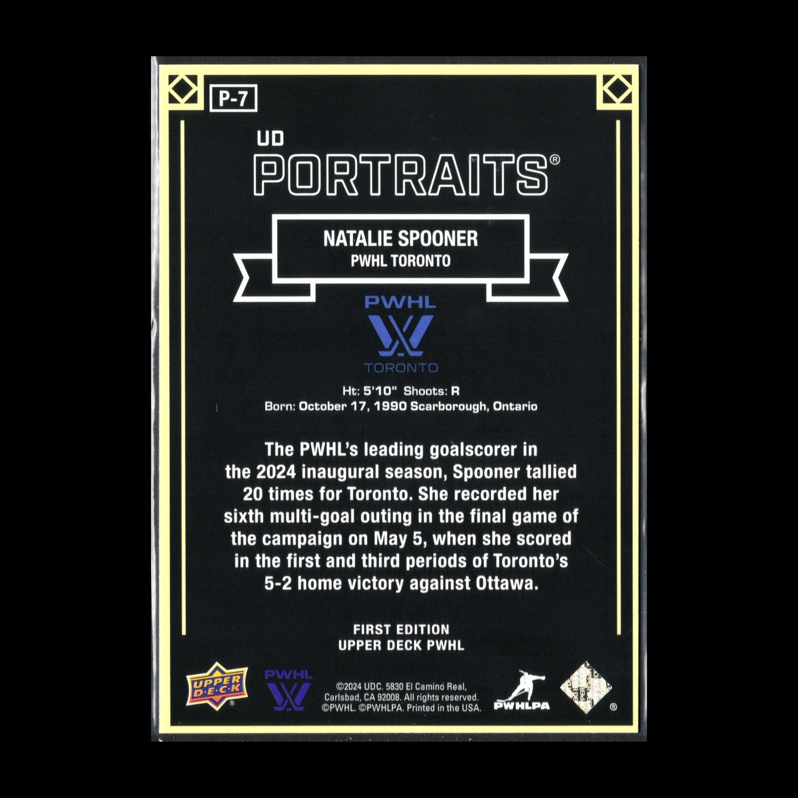 2024-25 UD PWHL NATALIE SPOONER #P-7 UD Portraits - 1st EDITION!