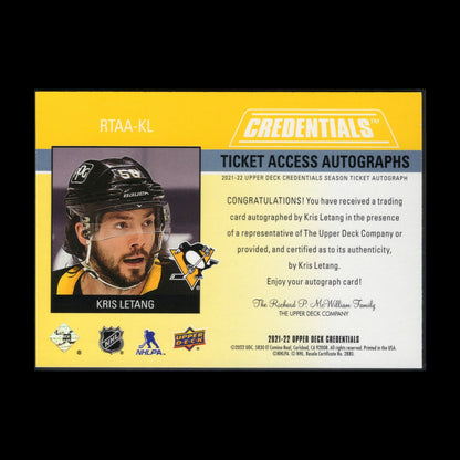 2021-22 UD Credentials KRIS LETANG #RTAA-KL Ticket Access Autographs /15