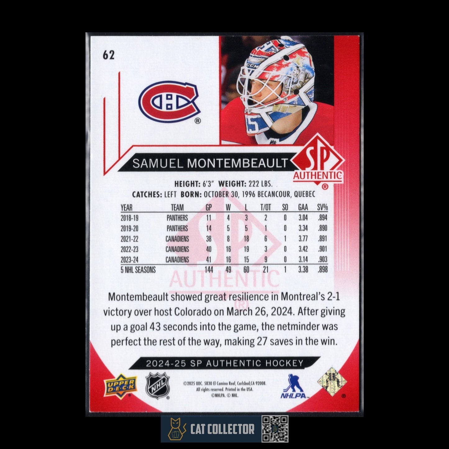 2024-25 UD SP Authentic SAMUEL MONTEMBEAULT #62 Limited Red