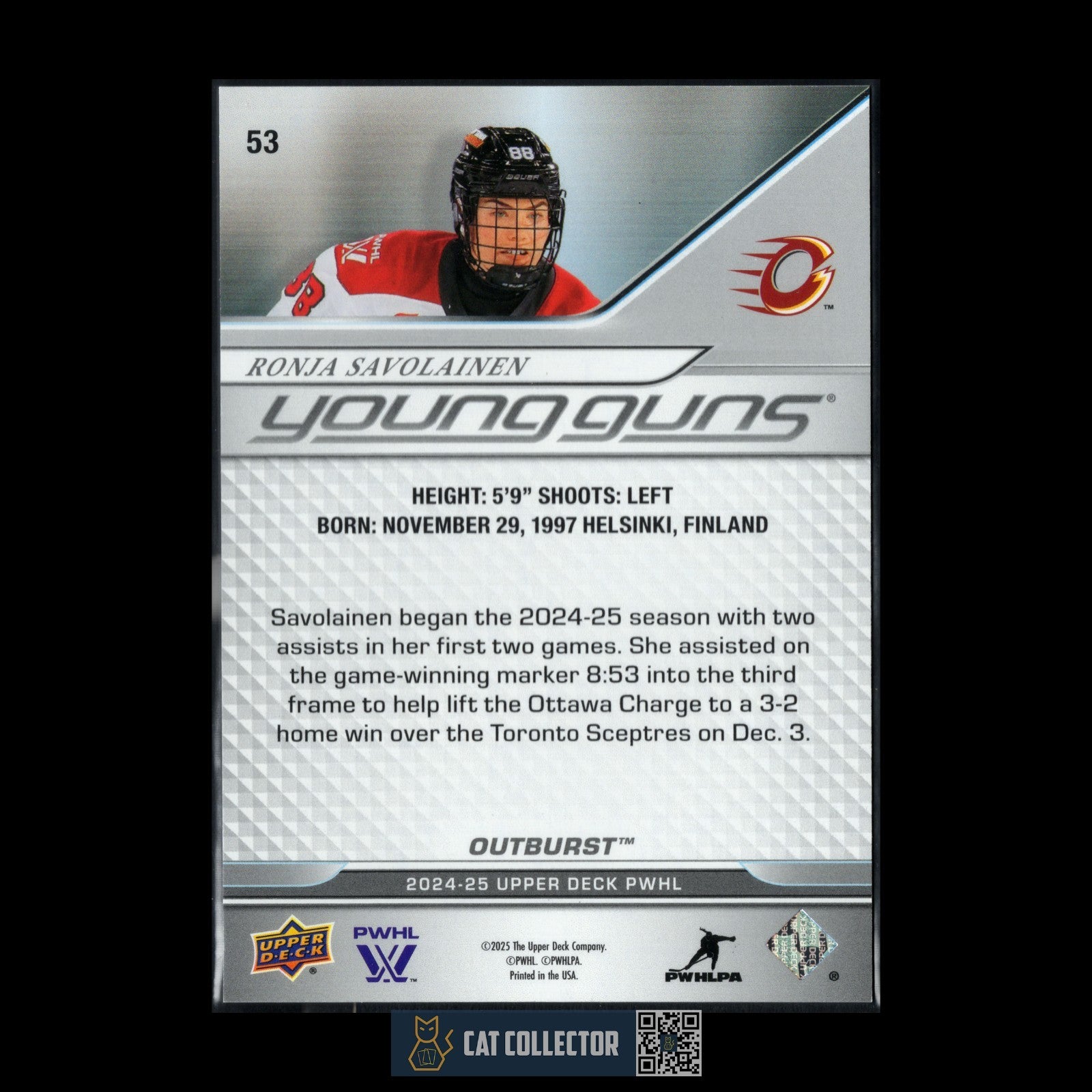 2024-25 UD PWHL RONJA SAVOLAINEN #53 Young Guns Outburst RC - Ottawa Charge