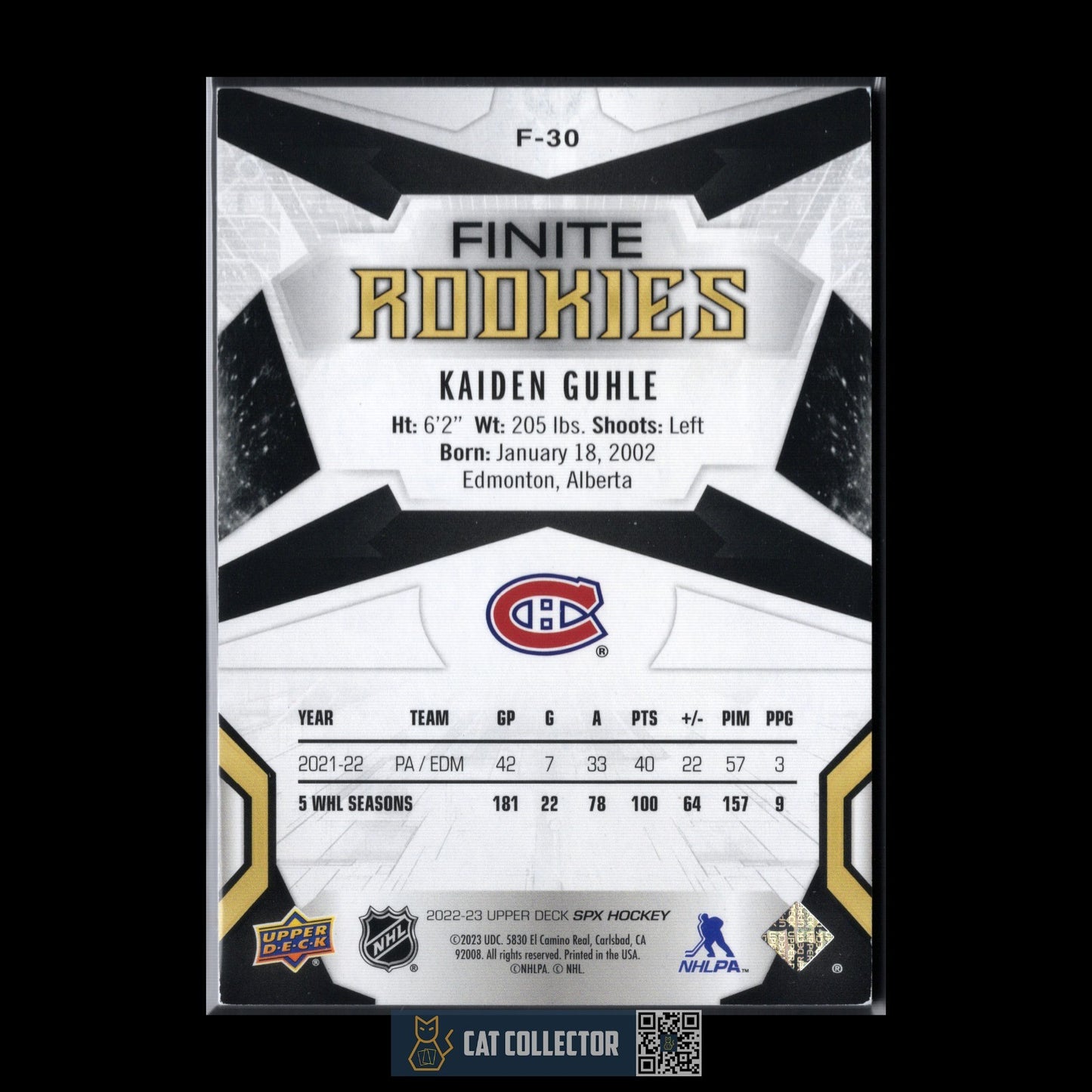 2022-23 UD SPx KAIDEN GUHLE #F-30 Finite Rookies Silver RC /499