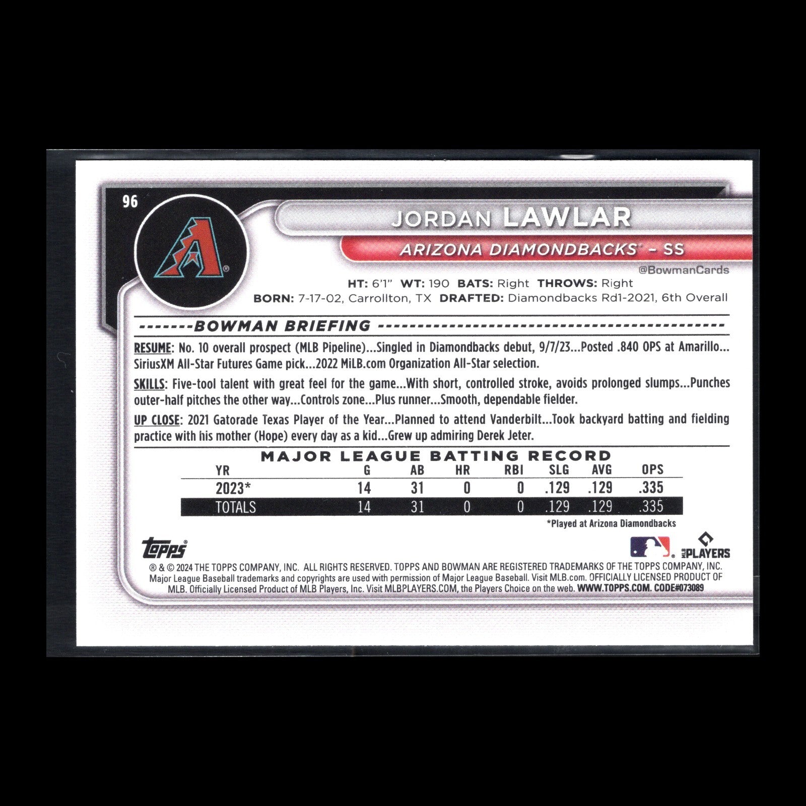 2024 Topps Bowman JORDAN LAWLAR #96 Prospect RC - Arizona Diamondbacks