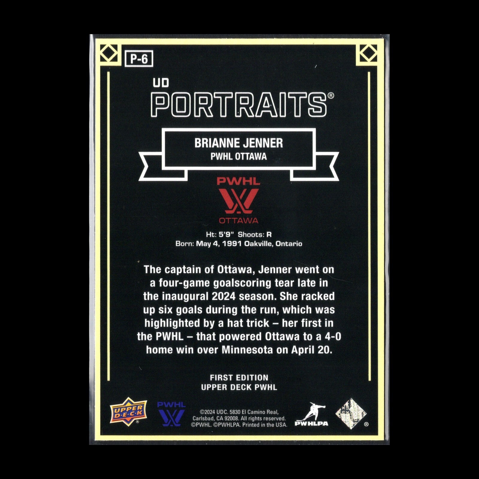 2024-25 UD PWHL BRIANNE JENNER #P-6 UD Portraits - 1st EDITION!