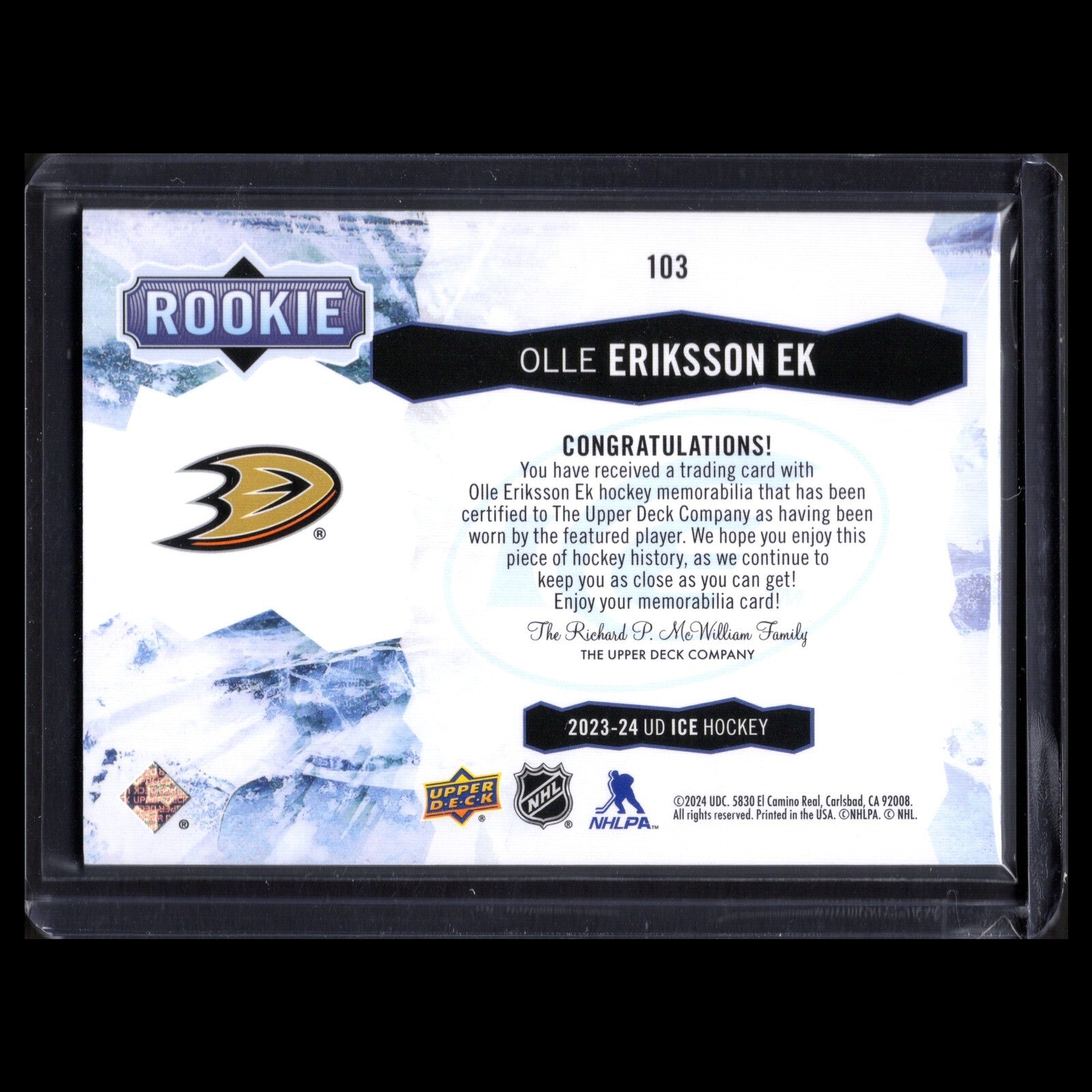 2023-24 UD Ice OLLE ERIKSSON EK #103 Rookie Jersey - Anaheim Ducks