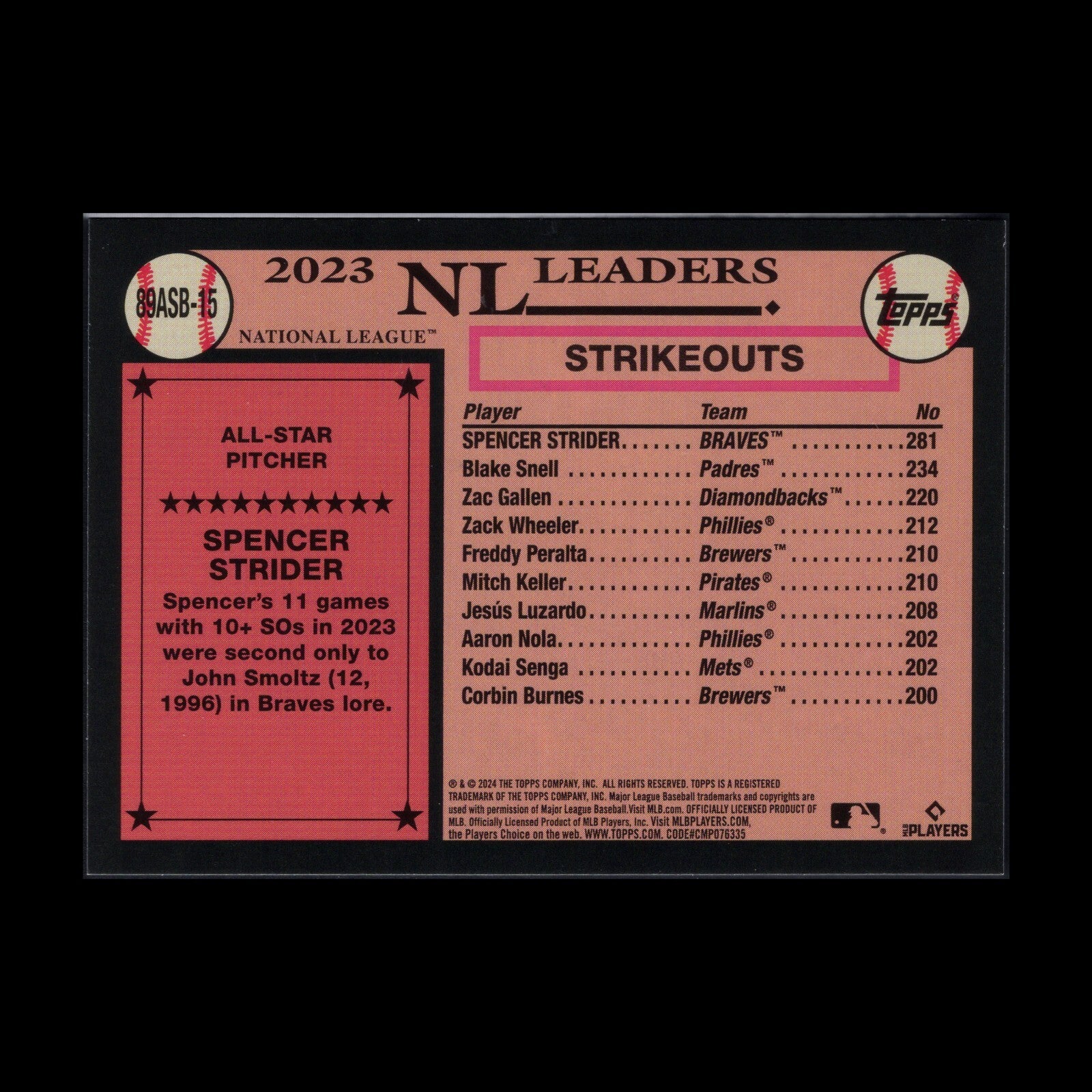 2024 Topps Series 2 SPENCER STRIDER #89ASB-15 1989 Topps Baseball All-Star