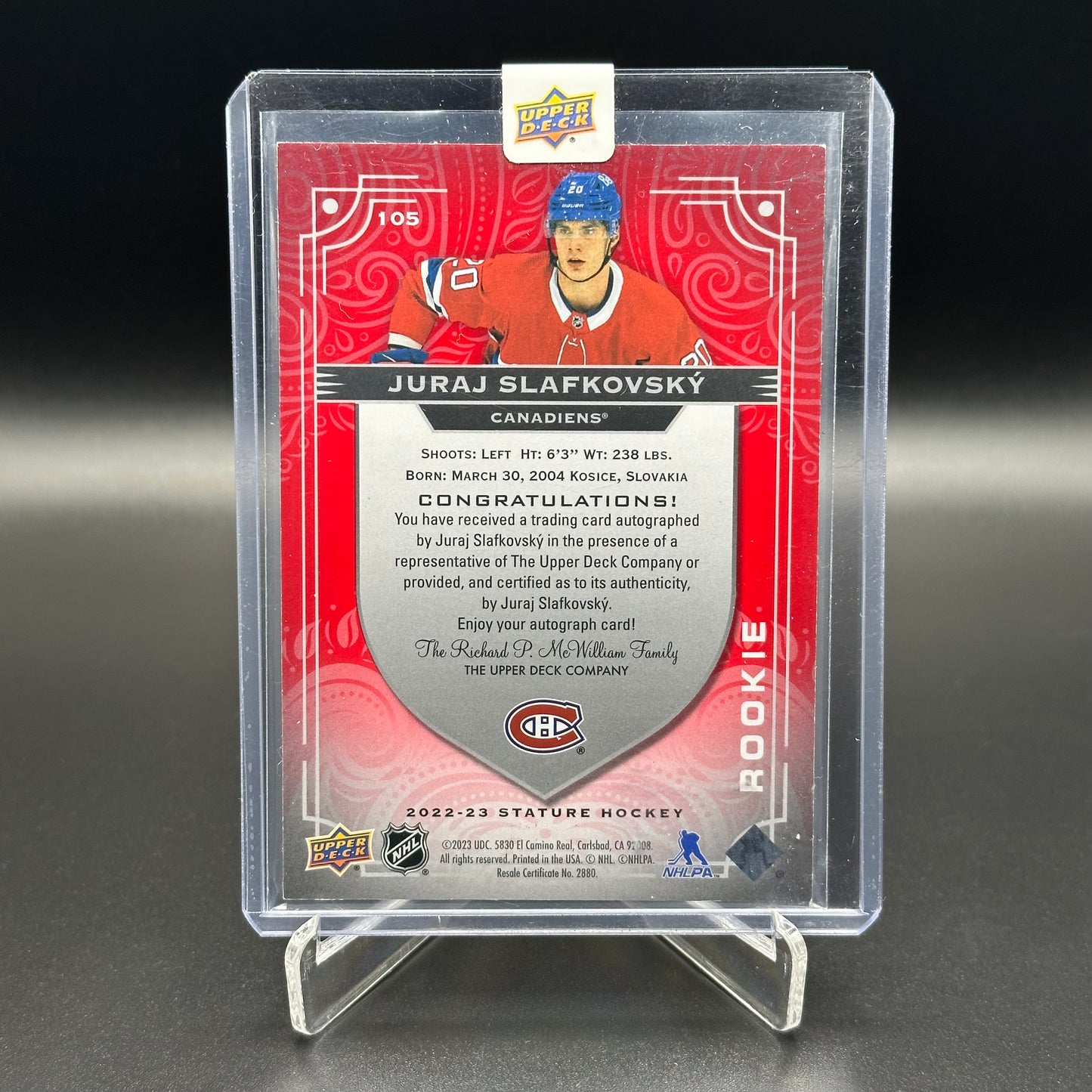 2022-23 Upper Deck Stature JURAJ SLAFKOVSKY #105 Rookie Auto Red /35