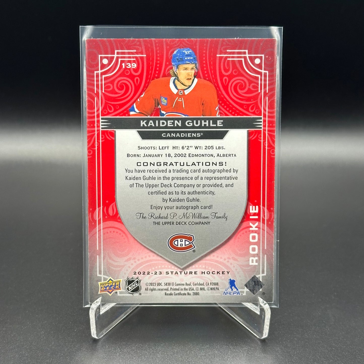 2022-23 Upper Deck Stature KAIDEN GUHLE #139 Rookie Auto Red /35